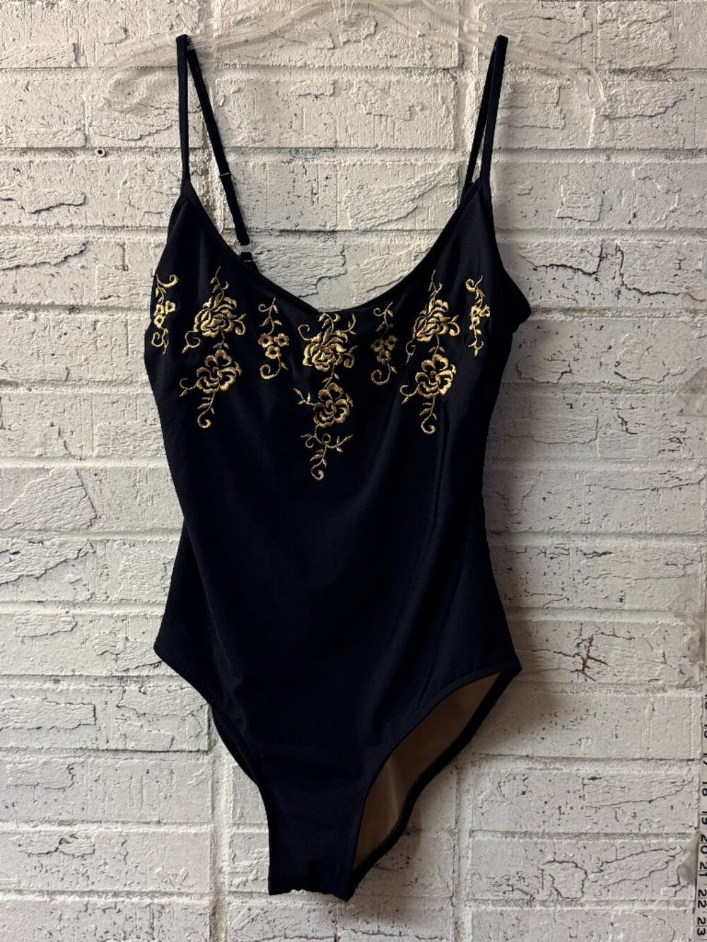 Carol Wior Black One Piece Swimsuit Gold Floral Embroidered Tummy Control 12
